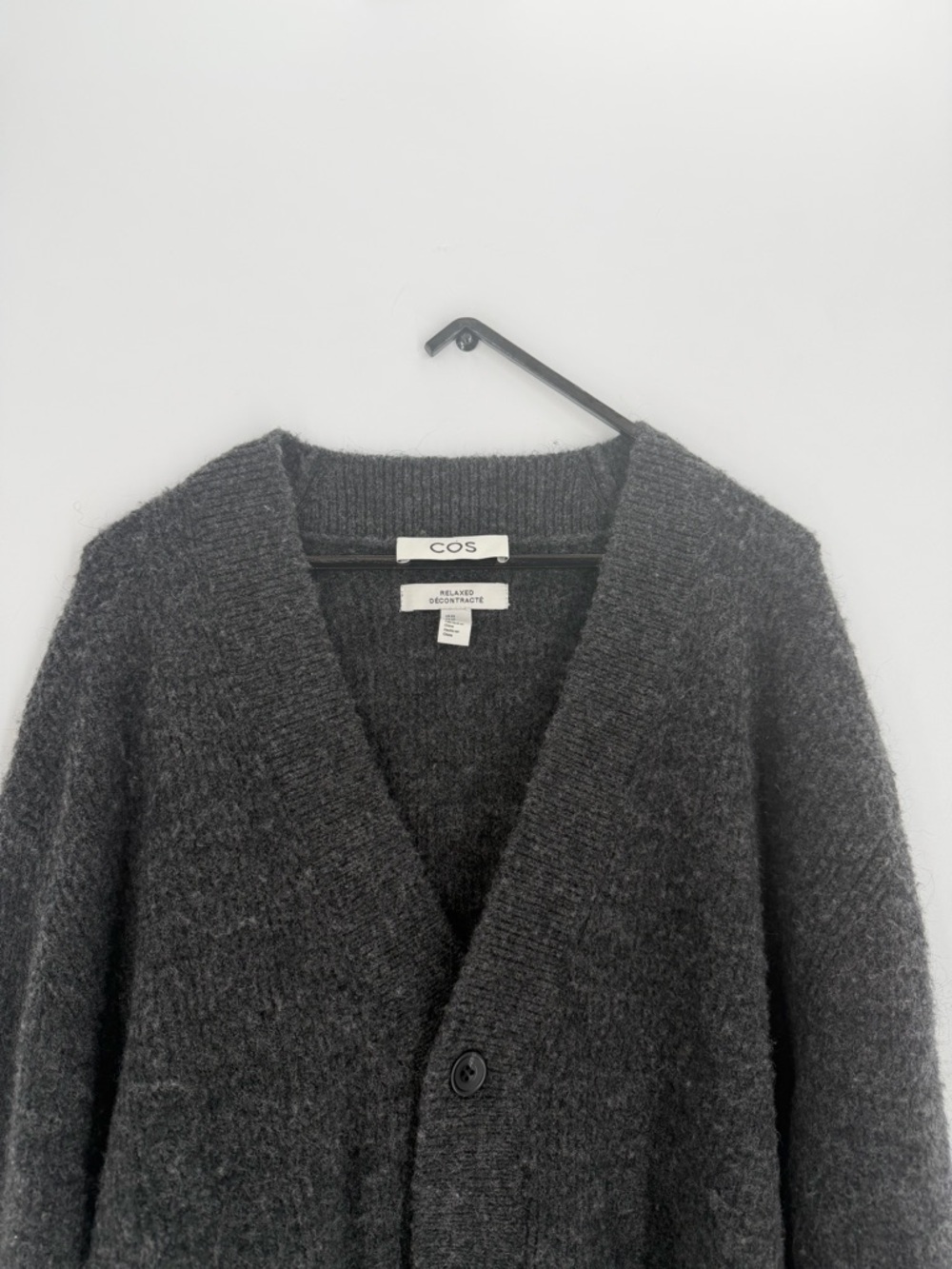 Cos Men’s Relaxed Fit Boiled Wool Mohair Blend Knitted Texture Grey Cardigan